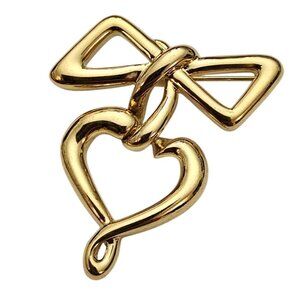Gold Tone Bow Bar Brooch Open Heart Dangle Charm Pin C855